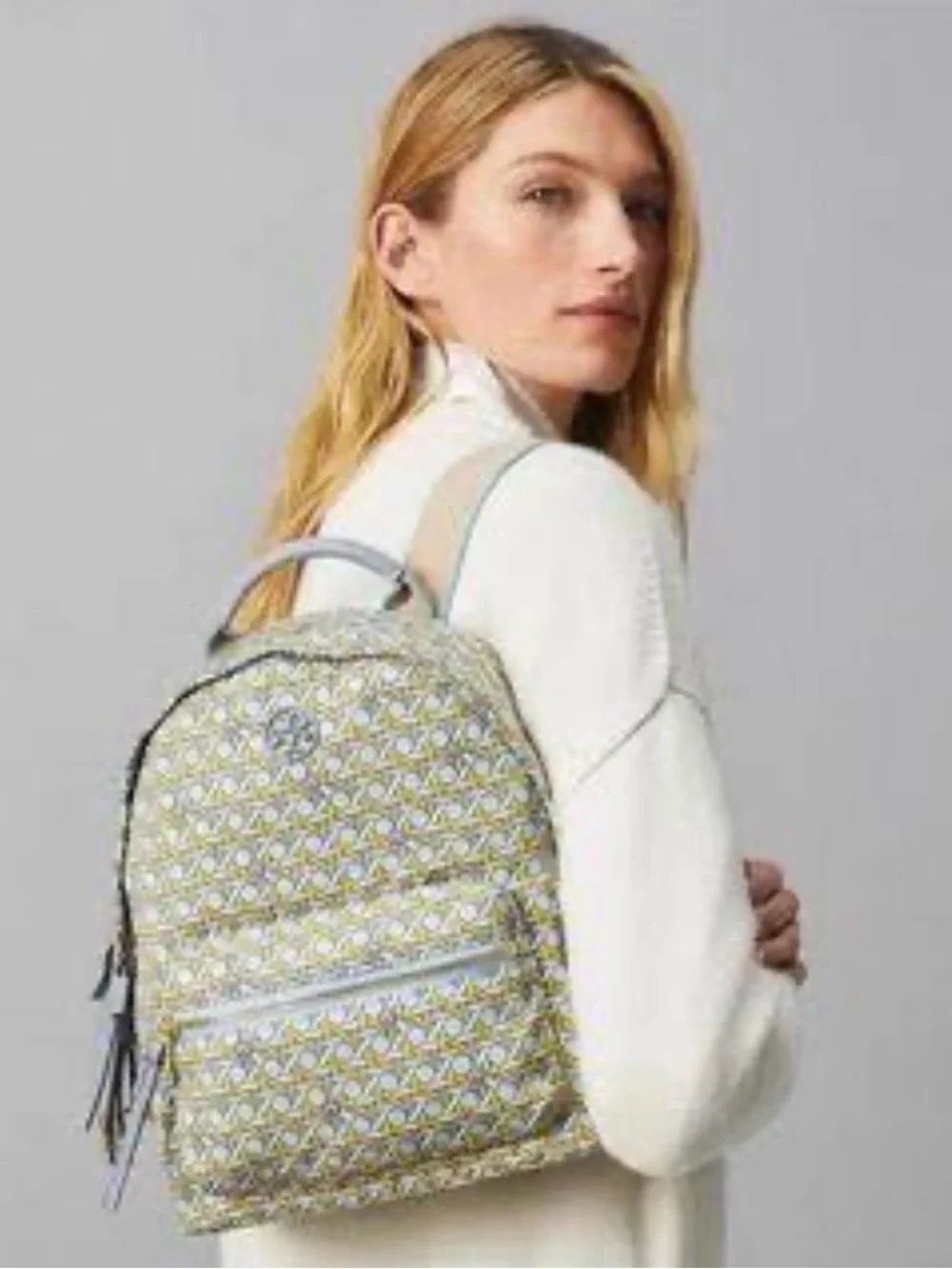 Tory Burch Printed Small Zip Backpack Yellow Green Gemini Medallion